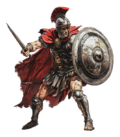 Roman warrior in battle gear with sword and shield png