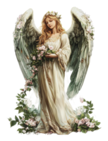 Majestic angel with flowers in a serene setting png
