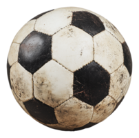 Worn soccer ball resting on a grassy field at dusk png