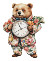 Bear in flowers with a tea time clock png