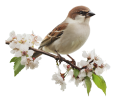 Sparrow perched on a blossoming branch in spring png