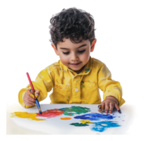 Child creating art with colorful paints in studio png