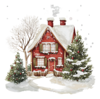 Charming red house in winter with snow and trees png