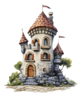 A whimsical stone castle with a tower and flags png