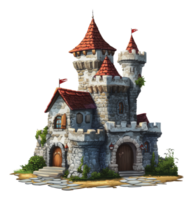 A whimsical stone castle with towers and flags png