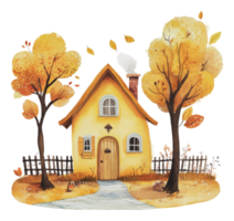 Charming yellow cottage surrounded by autumn trees png