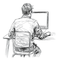 Worker at a desk using a computer png