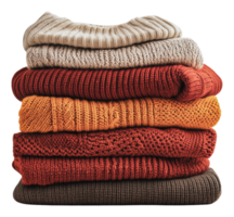 Fall-colored textiles neatly stacked indoors png