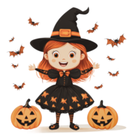 Happy child dressed as a witch for Halloween fun png