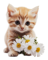 Spring tabby kitten with daisies png