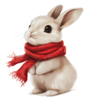Cute rabbit wearing a red scarf in winter setting png