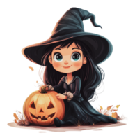 Witch in black by a pumpkin in autumn png