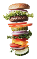 A towering burger with layers of fresh ingredients png