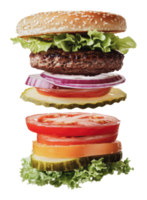 Stacked burger with veggies and toppings png