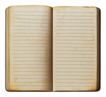 Open blank notebook with worn pages on display png