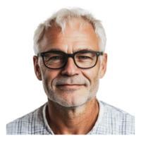 Elderly man smiling with glasses in bright setting png