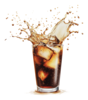 Refreshing beverage splashing in a glass with ice png