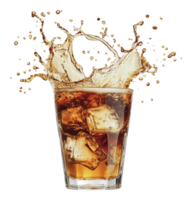 Refreshing drink with ice cubes splashing in glass png