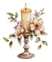 Elegant candle with flowers on a decorative stand png
