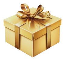 Gift-wrapped golden box with a shiny bow on top png