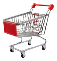 Shopping cart with red handle on display in store png