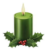 Green candle surrounded by holly for winter decor png