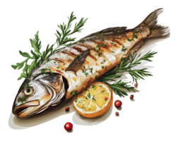 Grilled fish served with herbs and lemon slices png