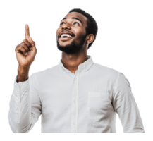 Man smiling and pointing up with enthusiasm png