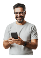 Man smiling while using smartphone indoors png