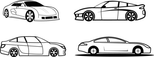 Set of 4 silhouette car on white background. Fil and Outline car side, top and font view. vector