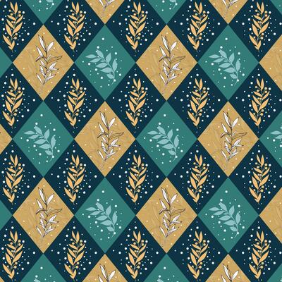 Seamless pattern with geometric diamond shape. Several gold-colored leaves with small white dots scattered texture.