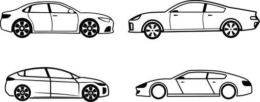 Set of 4 outline car icons. Flat illustration in doodle style side view car. vector