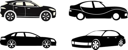 Set of 4 silhouettes car on white background. Side and font view illustration. Black color modern style car. vector