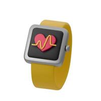 3D illustration of smart fitness watch with heart icon and pulse line on the screen, featuring yellow strap. Perfect for health, fitness, technology, and wearable tech projects vector