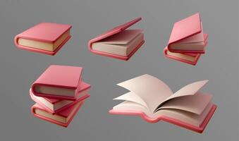 Set of 3D illustrations of pink books in different positions stacked, open, and closed. Perfect for education, reading, literature, library, study, or publishing related designs vector