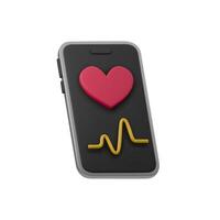 3D illustration of a smartphone screen displaying heart icon and an ECG line, representing health monitoring and fitness tracking. Ideal for medical, fitness, or health tech designs vector