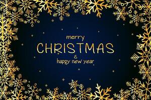 Merry Christmas and new year holiday golden decoration, gold text and border for greeting card on dark background. Christmas or New Year golden element for Xmas decoration design vector