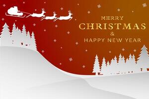 santa claus flying with reindeers in winter landscape with pine trees on red background. merry christmas and happy new year concept. illustration in flat design. vector