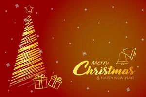 Christmas and New Year holiday banner illustration. Festive red background with realistic gold tree, gift boxes, snowflake and Christmas bells. vector
