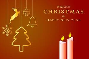 Merry Christmas Happy new year Background template with Christmas ball, bells, snowflake, deer gold and light on red background. vector