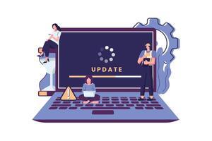 Tiny programmers upgrading operating system flat style illustration design vector