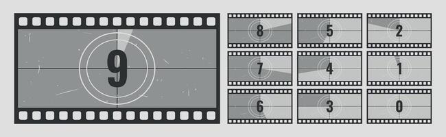 Old movie timer counter in filmstrip frame. Retro cinema countdown backgrounds with grunge texture vector