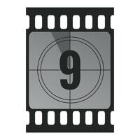 Countdown filmstrip frame piece with number nine. Retro cinema movie timer counter vector