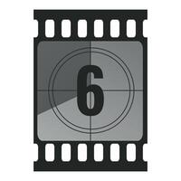 Countdown filmstrip frame piece with number six. Retro cinema movie timer counter vector