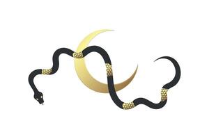 Golden scaled snake with crescent. Abstract celestial black and golden serpent vector