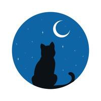 Black cat watching on a crescent. Round emblem with cat silhouette and on night sky background with crescent vector