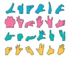 Set of colored hand gestures silhouettes. Hands outline. Gesturing like okay sign, thumb up, pointing finger, making heart vector