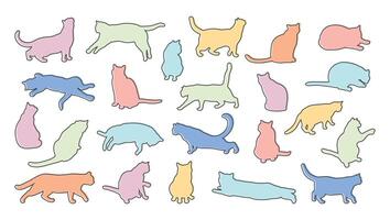 Collection of colored cat silhouettes. Different cat poses. Cat is lying, sitting, playing, walking, standing, stretching vector