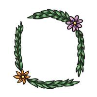 Flowers and green leaves frame colorful illustration drawing isolated on square white background. Simple flat outlined cartoon art styled drawing. vector