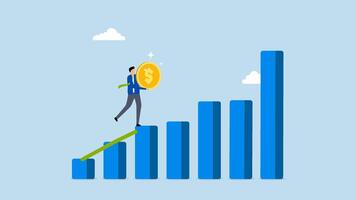 Investment graph, 4k animation of The businessman with confidence holds a large dollar coin while ascending a growing financial chart. video